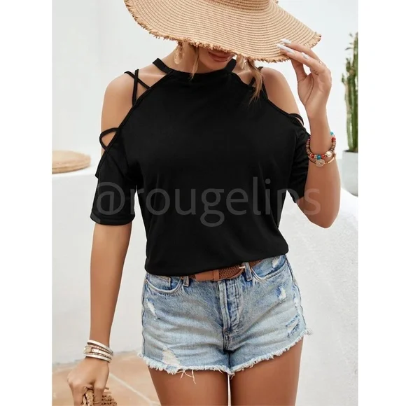 Black Strappy Short Sleeve Tee Shirt Top Cold Shoulder - Picture 4 of 7